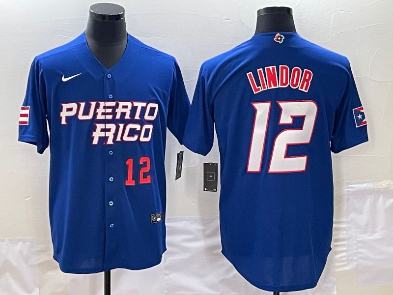 Men 2023 World Cub Puerto Rico 12 Lindor Blue Nike MLB Jersey